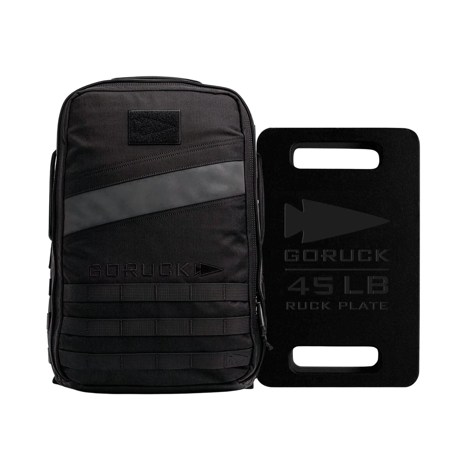 The Rucker 4.0 + 45LB Plate Bundle features a black GORUCK Rucker 4.0 backpack next to a 45-pound rectangular ruck plate—ideal for effective rucking workouts.