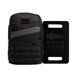 The Rucker 4.0 + 45LB Plate Bundle features a black GORUCK Rucker 4.0 backpack next to a 45-pound rectangular ruck plate—ideal for effective rucking workouts.