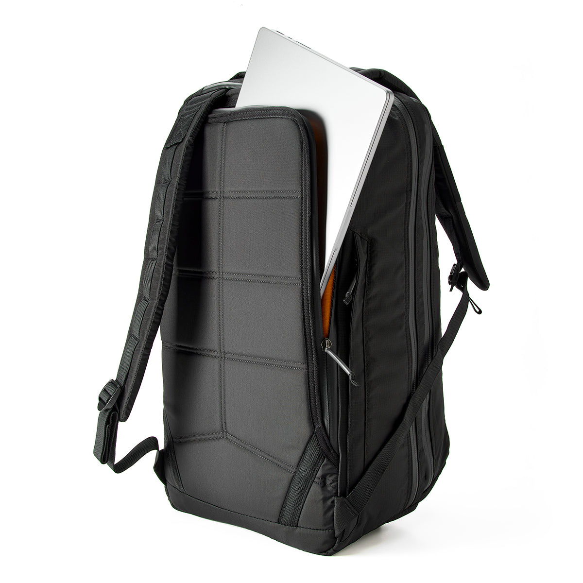 The GR2 - Ripstop ROBIC® - Michael Easter black backpack, crafted from durable 420D ROBIC Ripstop Nylon, features a laptop partially inserted in its side compartment. Set against a white background, this perfect travel companion is backed by the Scars Lifetime Guarantee.