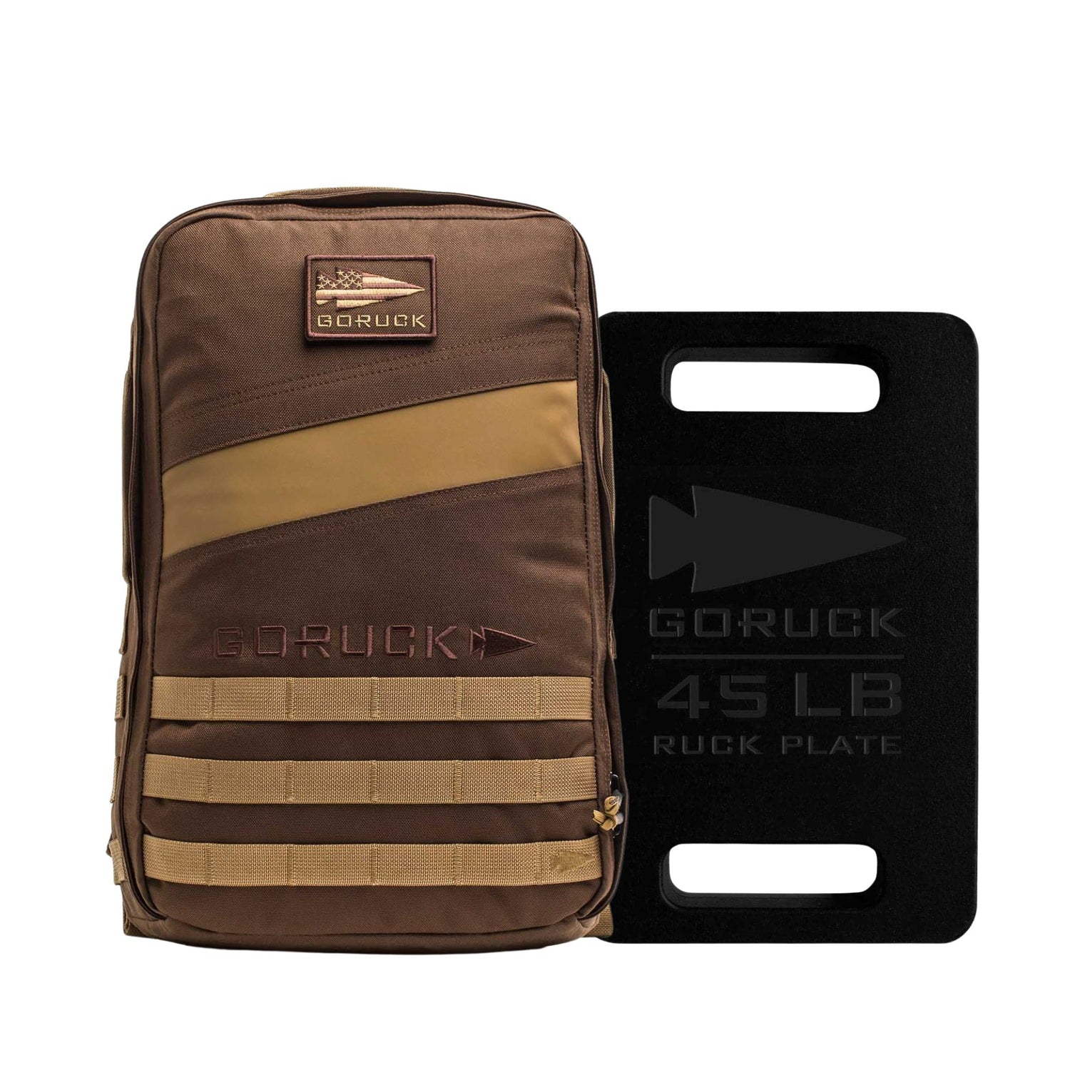 A brown Rucker 4.0 rucking backpack sits beside a black 45LB plate with handles—the Rucker 4.0 + 45LB Plate Bundle.