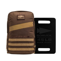 A brown Rucker 4.0 rucking backpack sits beside a black 45LB plate with handles—the Rucker 4.0 + 45LB Plate Bundle.