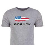 GORUCK grey t-shirt with American flag arrowhead logo and bold GORUCK text on chest