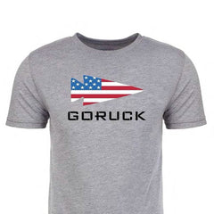 Gray GORUCK t-shirt with American flag arrow logo and black GORUCK text on chest
