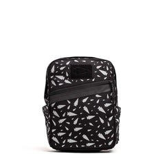 Black GORUCK rucksack with white geometric tree pattern and diagonal front zipper pocket