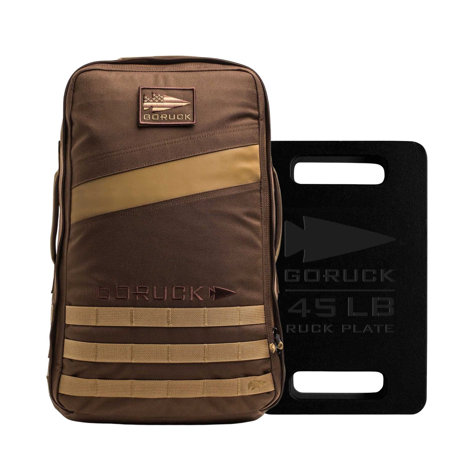 The Rucker 4.0 + 45LB Plate Bundle features a brown GORUCK backpack beside a black 45 lb ruck plate with dual handles—ideal for challenging rucking sessions.