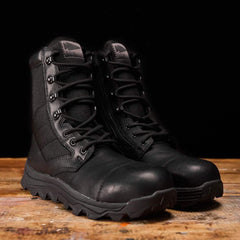 GORUCK black tactical rucking boots with side zipper on wood surface, rugged outdoor gear