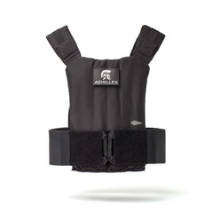 Achilles Vest: Premium black men’s vest with "ACHILLES" logo and adjustable shoulder straps, built for rugged performance in any workout. Shown on a white background.