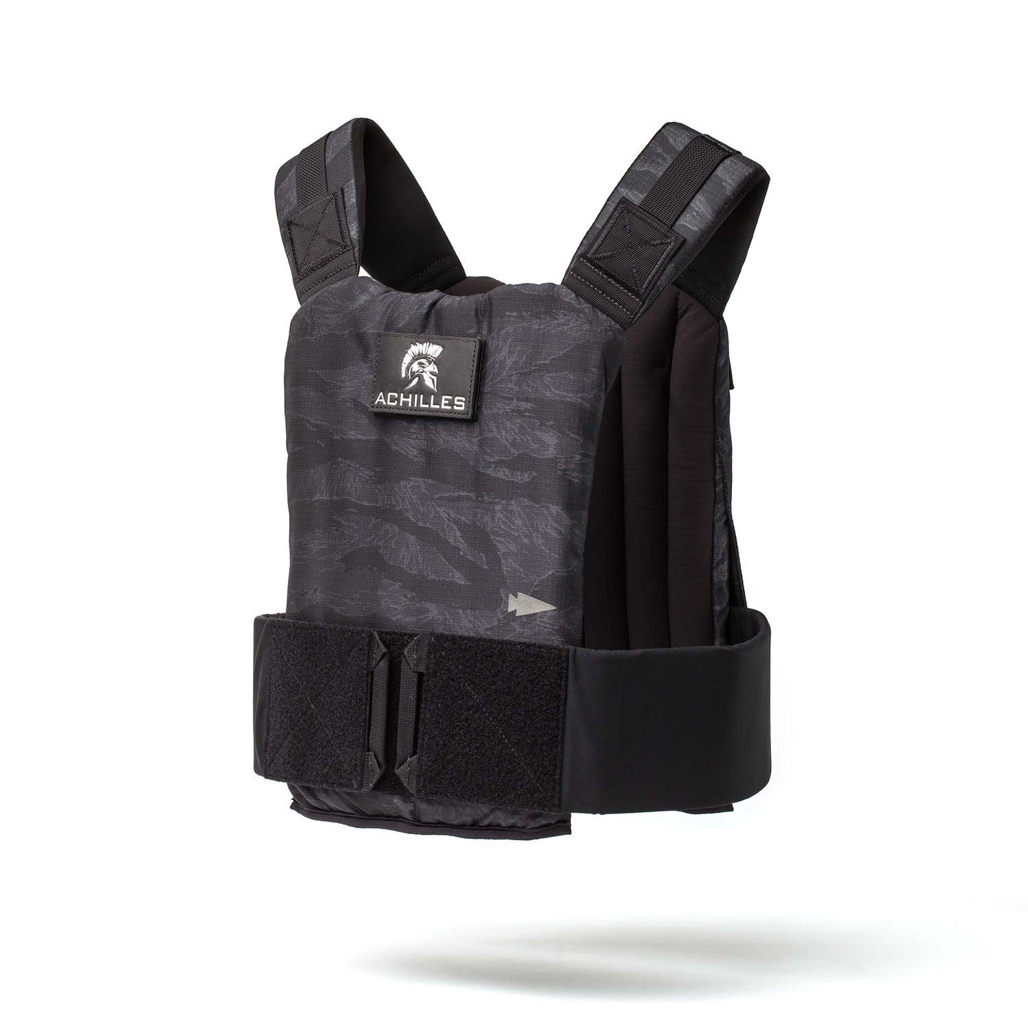 The Achilles Vest is a black men's performance vest with adjustable straps and a chest logo, made from premium materials and shown on a white background.