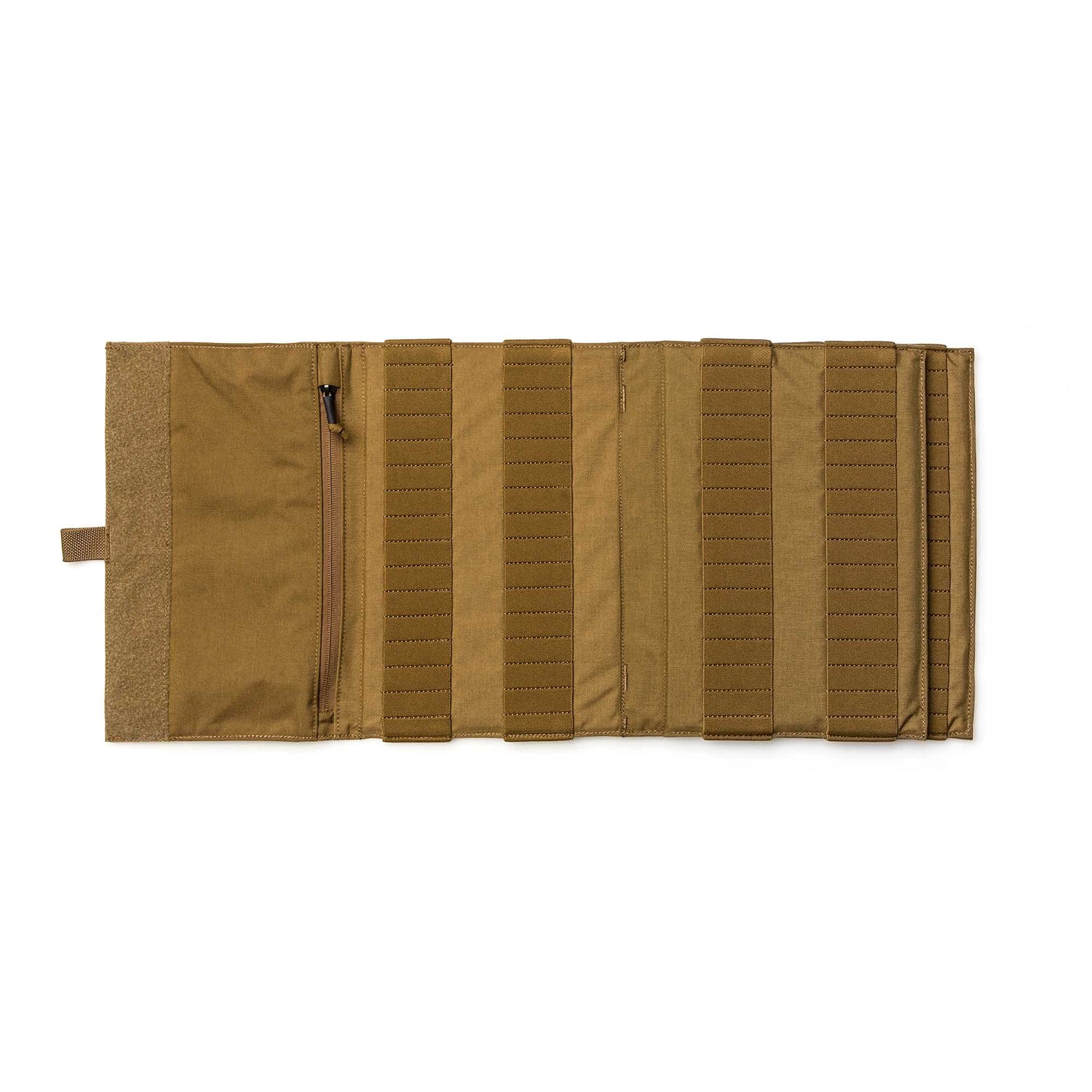 The Ammo Book is a tan tactical roll-up pouch with elastic straps and a zippered pocket, laid flat and open for book-style organization and easy access.