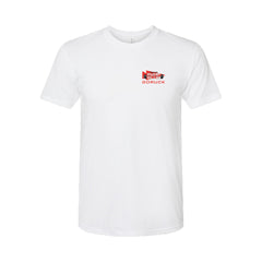 The Arnold Pump Club Tee - Tri-Blend is a white GORUCK t-shirt with a small red and black "GORUCK" logo on the left chest, inspired by Arnold’s Pump Club.