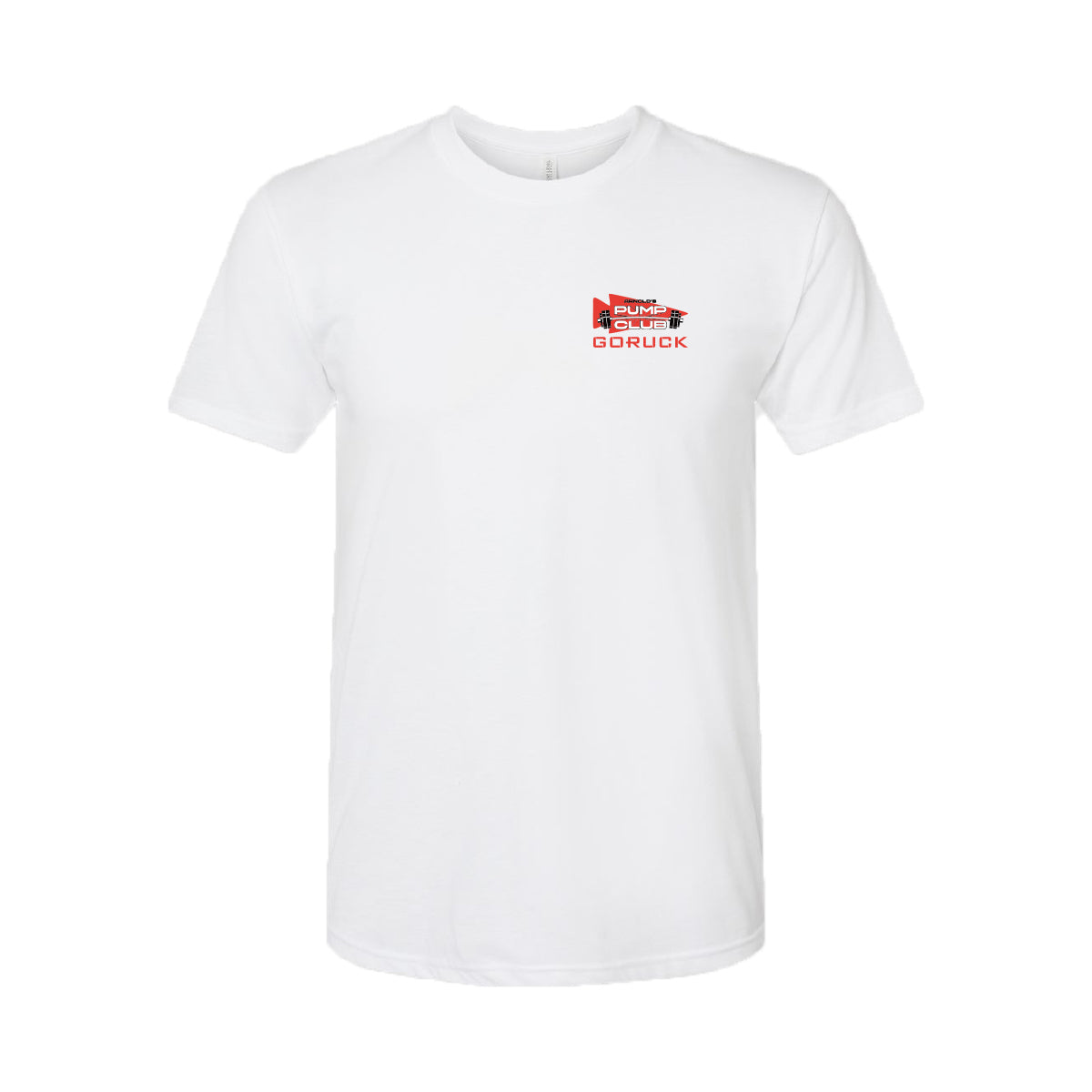 The Arnold Pump Club Tee - Tri-Blend is a white GORUCK t-shirt with a small red and black "GORUCK" logo on the left chest, inspired by Arnold’s Pump Club.