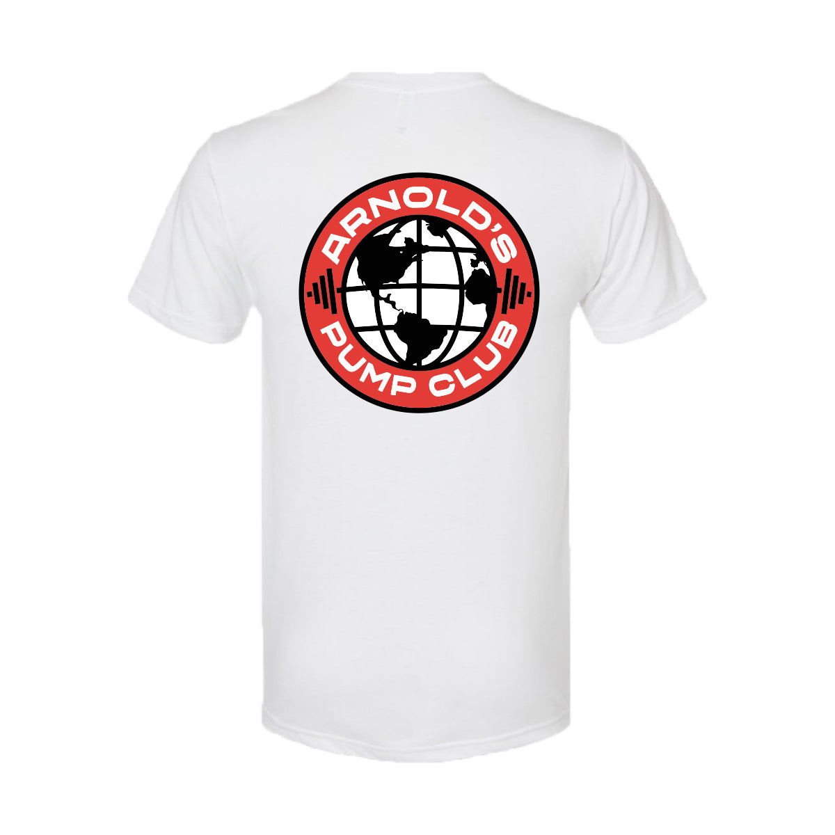 The Arnold Pump Club Tee - Tri-Blend is a white GORUCK t-shirt featuring a red and black globe "Arnold's Pump Club" logo on the back.