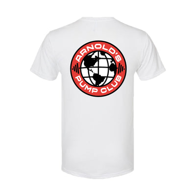 The Arnold Pump Club Tee - Tri-Blend is a white GORUCK t-shirt featuring a red and black globe "Arnold's Pump Club" logo on the back.