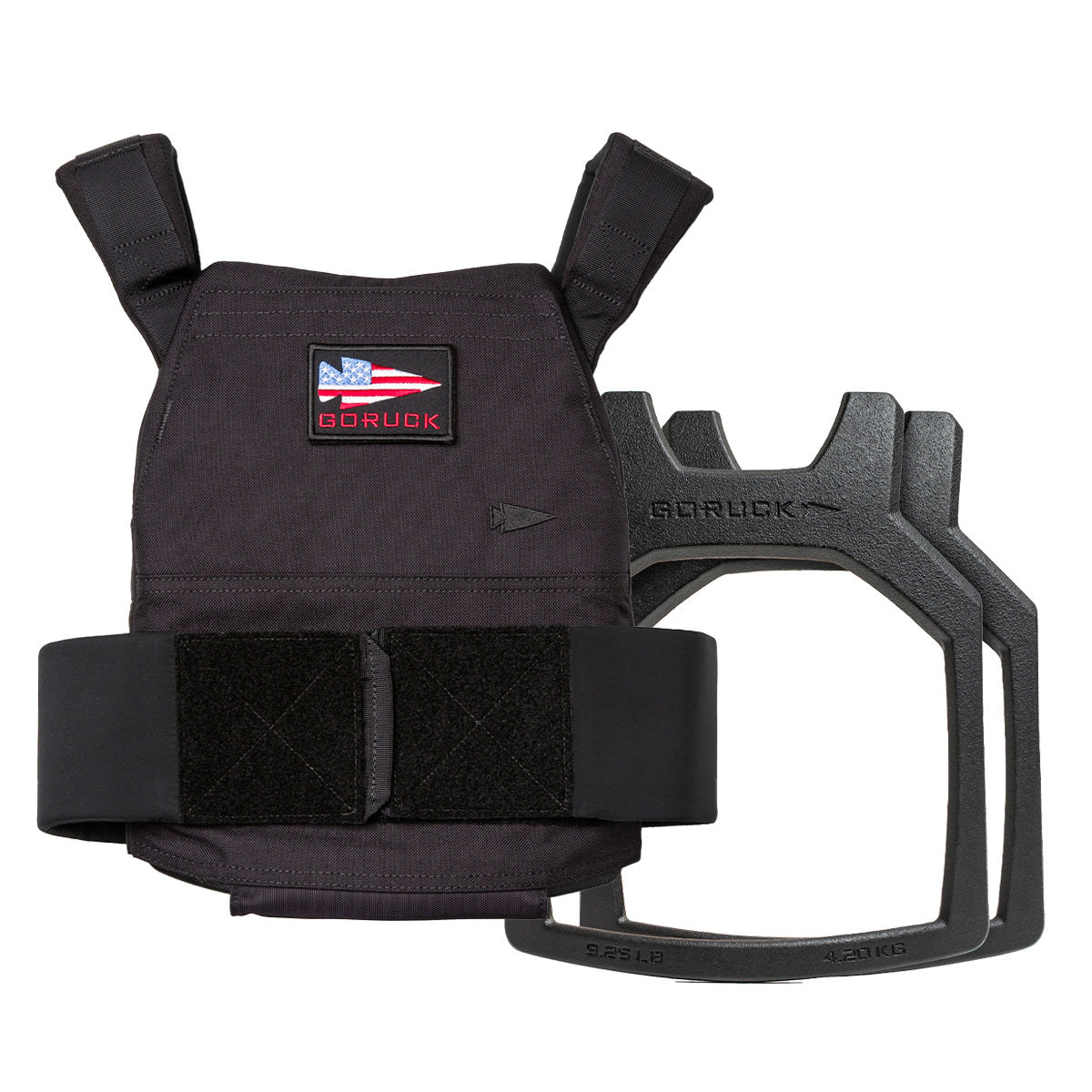 Weight Vest + Curved Plate Bundle, featuring a black weighted vest with an American flag patch and a black curved metal plate—ideal for enhancing your training routine.