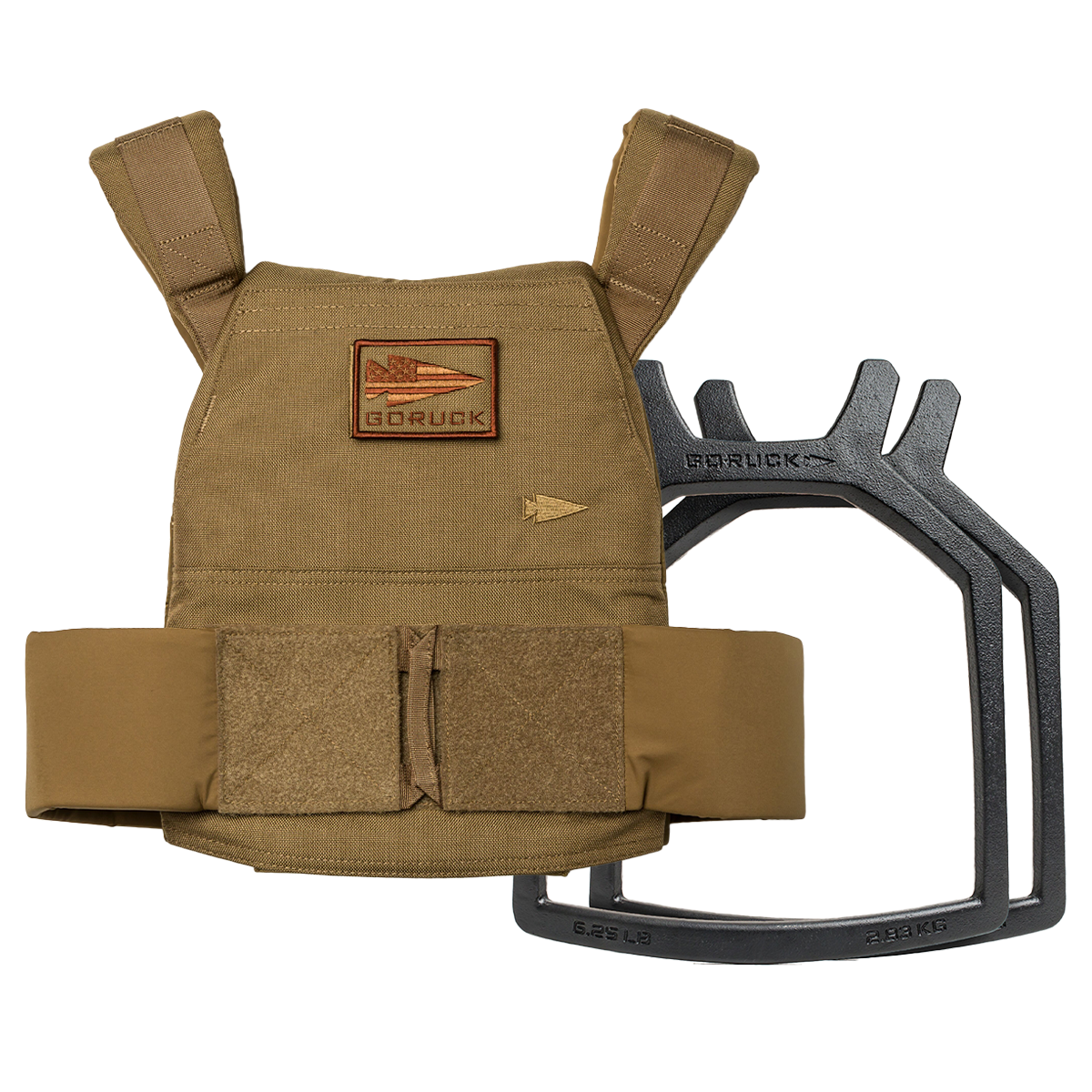 The Weight Vest + Curved Plate Bundle features a tan tactical vest with Velcro straps and a removable black 6.5 lb curved plate—perfect for boosting any training routine.