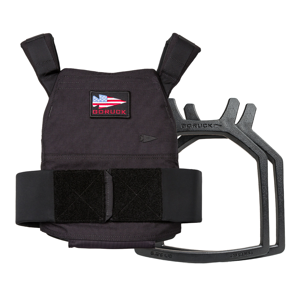 The Weight Vest + Curved Plate Bundle features a black vest with an American flag patch and a curved 6.25 LB metal plate—ideal for your next workout.