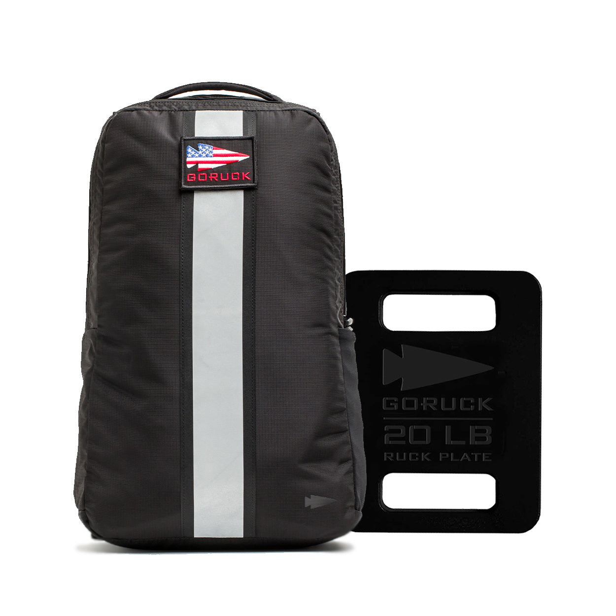 The Basic Rucker + 20LB Plate Bundle is a durable everyday backpack with a vertical reflective stripe, paired with a 20LB plate—perfect for your weighted training needs.