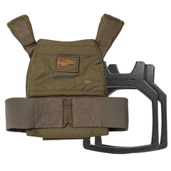 The Rucking Weight Vest + Curved Plate Bundle features a brown tactical vest with Velcro strap and patch, paired with a black curved ruck plate—ideal for your next rucking session.