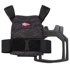 The Rucking Weight Vest + Curved Plate Bundle, featuring a black vest with an American flag patch and a removable curved ruck plate, is perfect for building your rucking bundle.