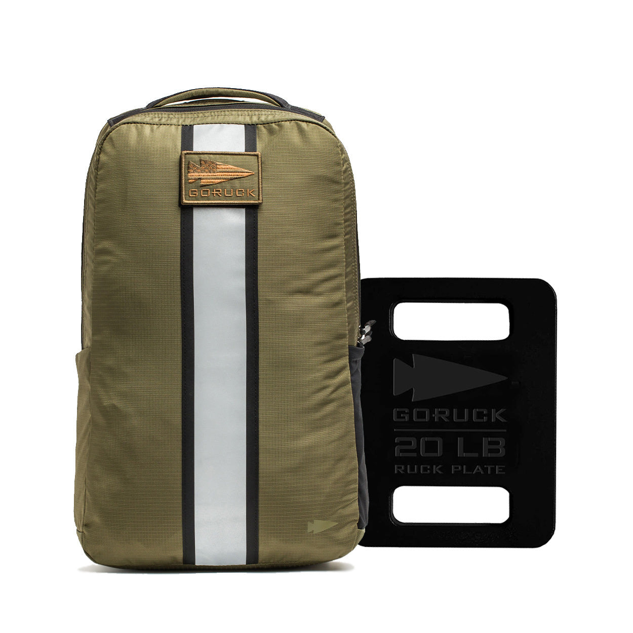 The Basic Rucker + 20LB Plate Bundle is a durable everyday backpack in olive green with a vertical gray stripe, paired with a black 20LB ruck plate—perfect for weighted workouts and daily use.