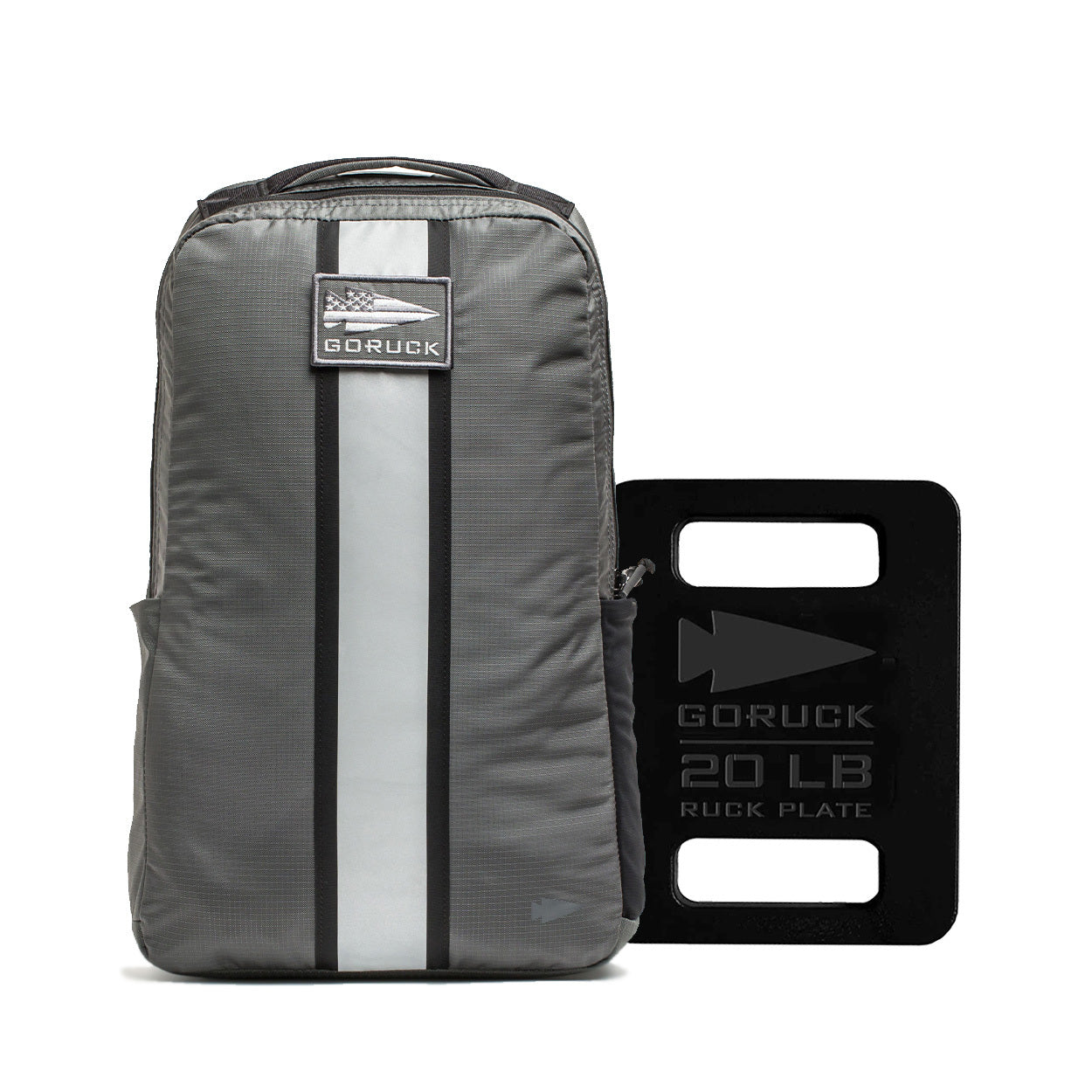 The Basic Rucker + 20LB Plate Bundle, a durable gray everyday backpack, is shown with its matching 20LB plate placed upright beside it on a white background.