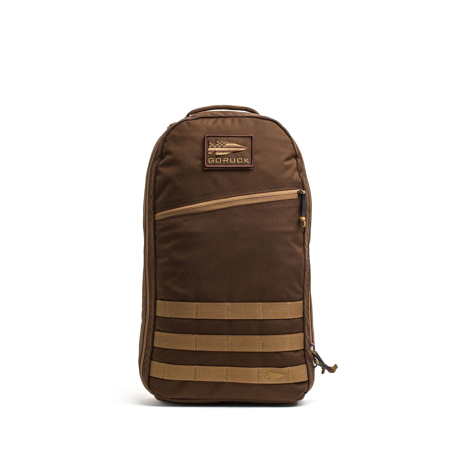 The Bullet Ruck Classic - Ballistic Nylon Cordura is a brown 15L daypack with a front zipper pocket, patch logo, and bottom horizontal webbing—ideal as a streamlined backpack or rugged rucking pack.