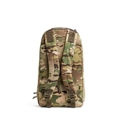 GORUCK Bullet 15L backpack in Multicam camouflage with padded shoulder straps shown from back