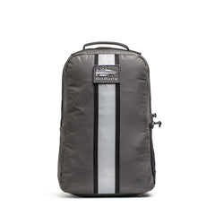 Introducing the Basic Rucker—a gray backpack featuring a black and gray vertical stripe, top handle, and a GORUCK logo patch on the front. Designed specifically for rucking sessions, it easily fits your ruck plate for optimal performance.