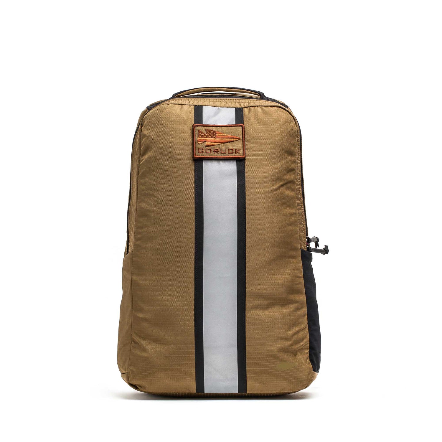 Tan Basic Rucker® backpack with a vertical reflective stripe and a front 
