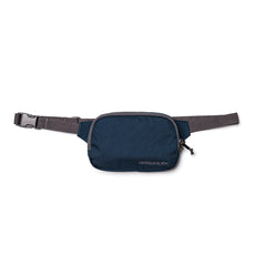 Navy belt bag with gray adjustable strap, black buckle, and compact front pocket secured by a durable YKK zipper.