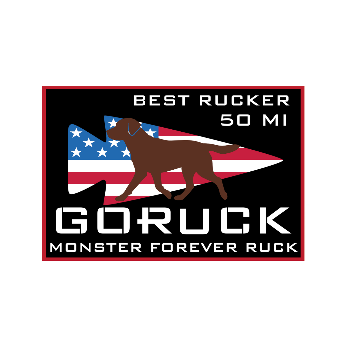 Proudly display your connection to the fitness community and commemorate the unforgettable Ruckapalooza Jax Beach - Fitness Party & City Ruck Weekend with the Best Rucker 50 MI badge, featuring a bold dog silhouette, US flag, and “Monster Forever Ruck” text—a must-have for attendees of this iconic Jacksonville Beach event.