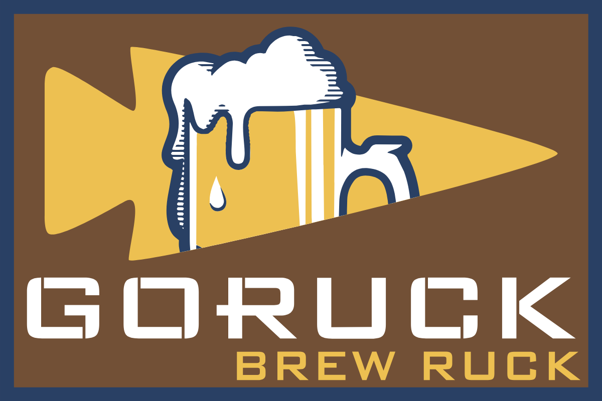 A beer mug brimming with foam overlaps a vibrant yellow arrow, embodying the energetic spirit of Jacksonville Beach. Text reading “Brew Ruck Supporting The Salvation Army” appears on a brown background, reflecting the camaraderie and craft beer culture at the heart of this special event.