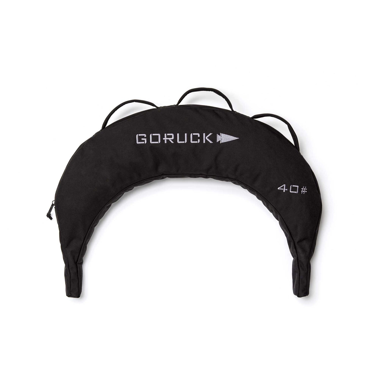 The Bulgarian Sandbag in black weighs 40 pounds, features a crescent shape and three top handles—ideal for versatile sandbag workouts.