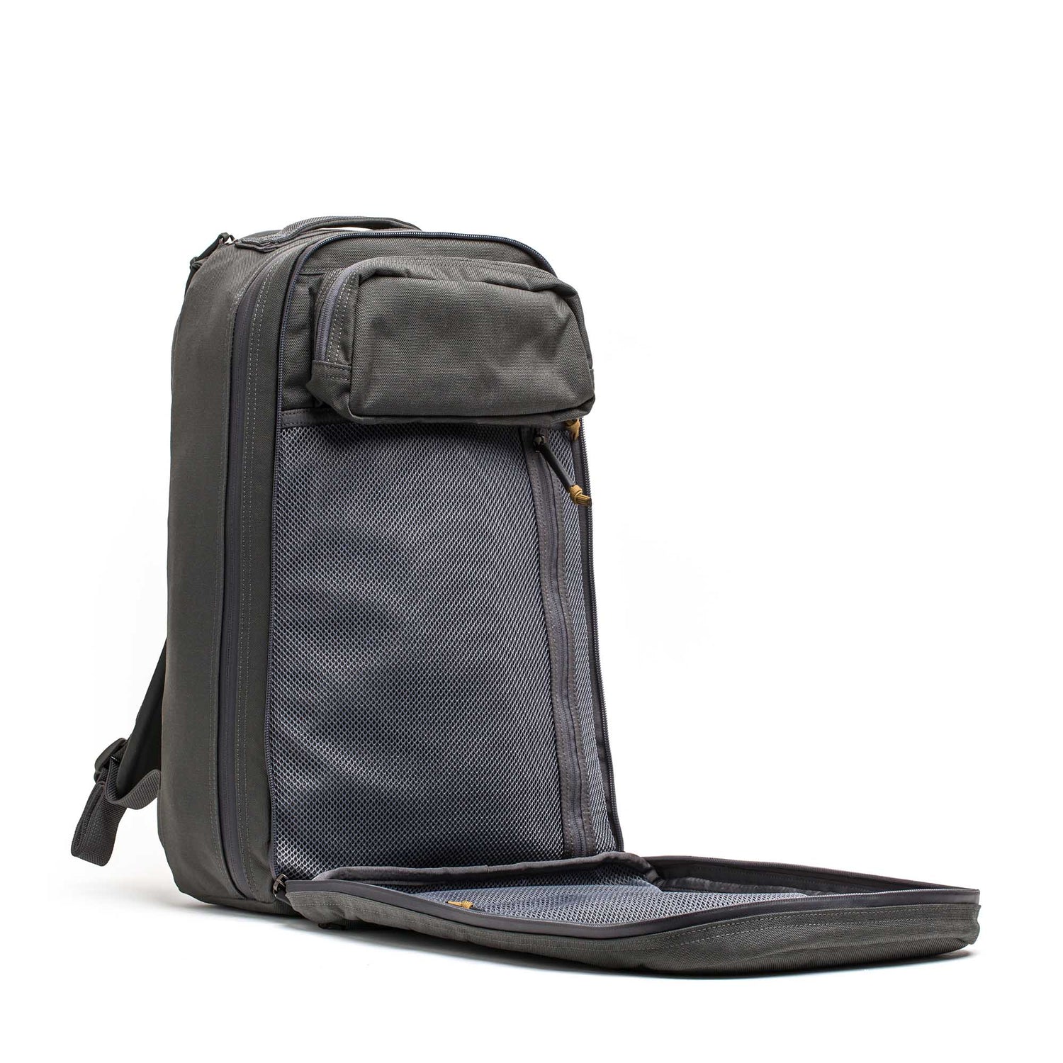 The Double Compartment Bullet Ruck - Ballistic Nylon Cordura - 18L stands upright with its front compartment fully open, revealing a spacious interior and a bombproof laptop compartment.