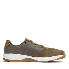 Side view of GORUCK Ballistic Trainer sneaker in ranger green with white midsole and coyote brown outsole