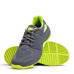 GORUCK Ballistic Trainer shoes in wolf grey with acid lime accents and soles, designed for tough rucking gear