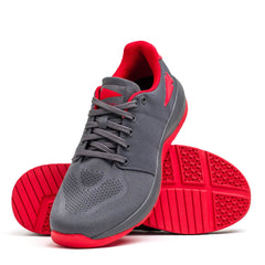 GORUCK Ballistic Trainers in wolf grey and high risk red with breathable mesh and red soles