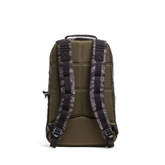 The Basic Rucker® backpack in olive green is shown from the back, highlighting its patterned shoulder straps, top handle, and Ruck Plate® compatibility.