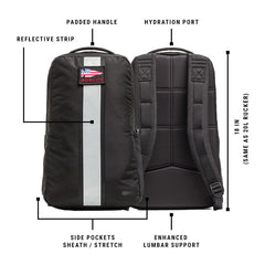Two black Basic Rucker® backpacks, shown from front and back, feature a reflective strip and padded handle—perfect as rucking or weighted workout backpacks.