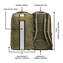 The Basic Rucker® is an olive green rucking backpack featuring a reflective strip, hydration port, side pockets, padded handle, and lumbar support—ideal for anyone seeking a reliable weighted rucksack for any adventure.