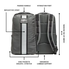 Front and back view of the Basic Rucker® in gray, labeled with features such as handle, hydration port, multiple pockets, and lumbar support.