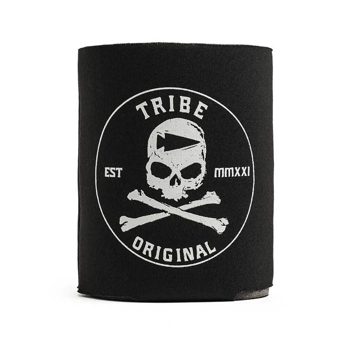 A Beer Jacket - Tribe Original by GORUCK, featuring a black koozie adorned with a white skull and crossbones motif, encircled by the phrases TRIBE ORIGINAL and EST MMXXI. This foam drink jacket is ideal for stylishly keeping your beverages chilled.