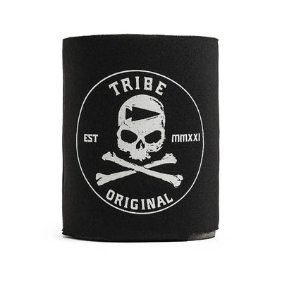A Beer Jacket - Tribe Original by GORUCK, featuring a black koozie adorned with a white skull and crossbones motif, encircled by the phrases TRIBE ORIGINAL and EST MMXXI. This foam drink jacket is ideal for stylishly keeping your beverages chilled.