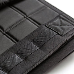 Close-up of the black padded fabric with square and rectangular stitching on the RPC Long + 30LB (Long) Plate Bundle—weight vest designed for ergonomic lumbar support.