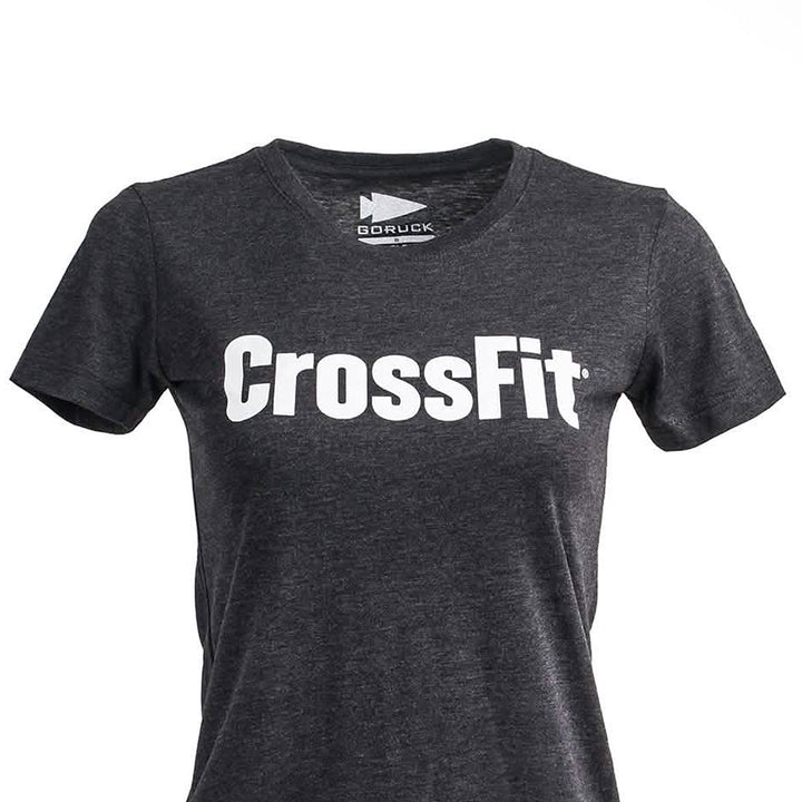 A Women's CrossFit Tee - Tri-Blend by GORUCK, featuring a dark gray hue and crafted from premium tri-blend fabric, with white lettering against a clean white background.