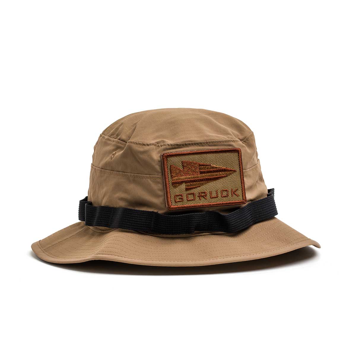 Tan Boonie Hat - Tactical - ToughDry with a black strap and rectangular patch showing a canoe and 
