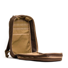 Open GORUCK Bullet 2 compartment rucksack in coyote brown with organized interior pockets