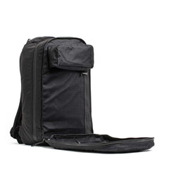GORUCK black rucksack with two compartments and open laptop section on white background