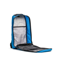 Blue GORUCK Bullet Rucksack open showing interior gray ripstop lining with topographic map design and mesh pocket
