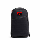 Black backpack featuring a red patch with two black unicorn silhouettes, inspired by the limited-edition Bullet Ruck x Carryology - GRXC2 Samurai 2.0’s Black Samurai Sashiko style.